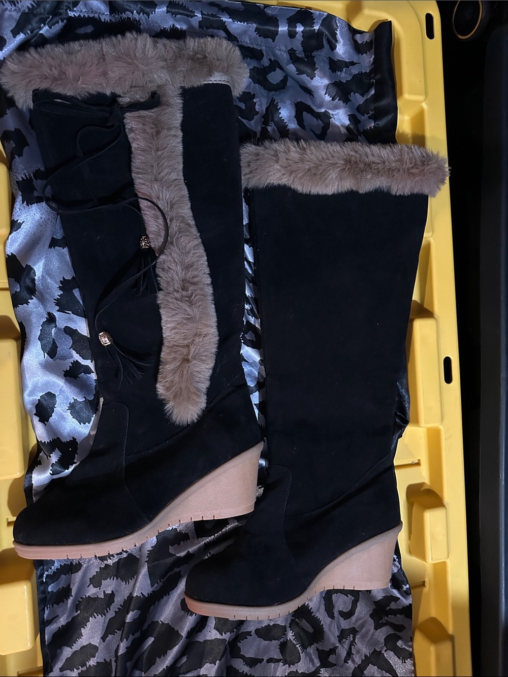 Women's Black Faux-Fur Trim Wedge Knee Boots